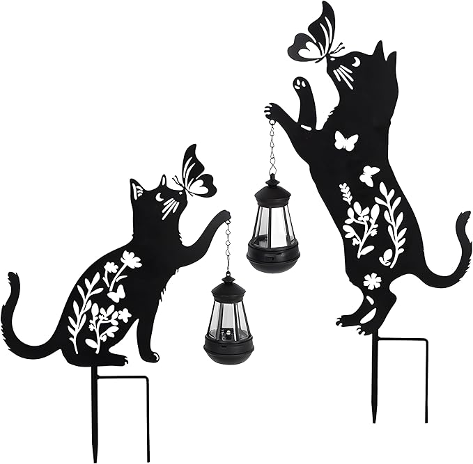 Solar-Powered Black 2-Pack Cats Garden Decor Stakes - Metal Silhouette Figurine for Outdoor Yard, Lawn, and Patio Decoration - Bloomnest