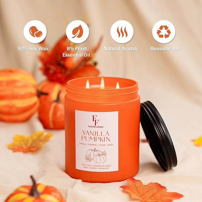 Large Fall Candle Vanilla Pumpkin Scented, 3-Wick 22oz Long Lasting Scented Candle, Natural Soy Wax Aromatherapy Candle for Home, Autumn Candle Gifts for Women Men - Bloomnest