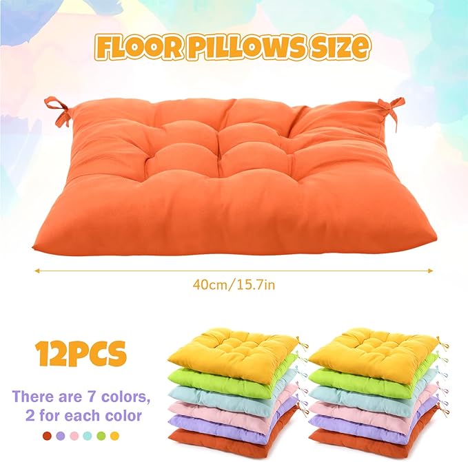 Geetery 12 Pcs Floor Pillows for Classroom Bulk Square Seating Cushions for Floor Chair School Kindergarten Reading Corner, 15.7'' Large Thick Meditation Cushions Yoga Nursery Daycare (Candy Color) - Bloomnest