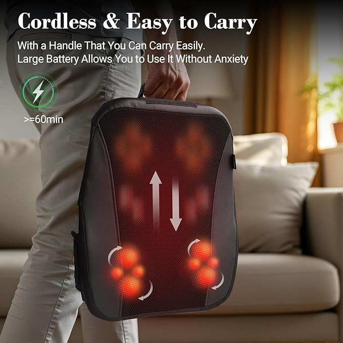 Cordless Shiatsu Back Massager - Lower Back Massager for Pain Relief Deep Tissue, Movable Massage Head, Lumbar Massager with Heat, Rechargeable Massager - Bloomnest