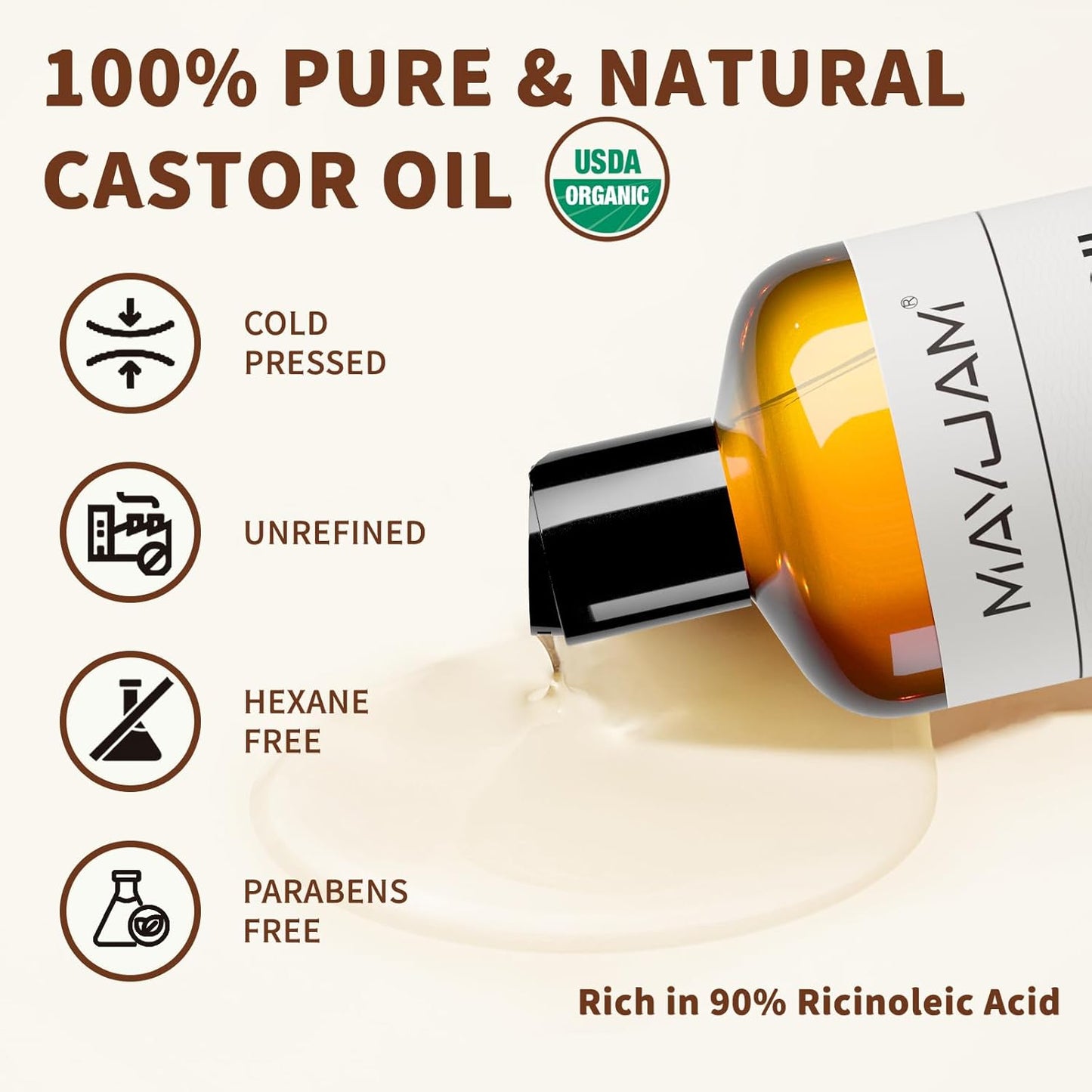 MAYJAM Organic Castor Oil 16 oz, 100% Pure Cold Pressed Castor Oils for Hair Growth, Eyebrows, Eyelash, USDA Certified Caster Carrier Oil for Body, Skin & Face Moisturizer
