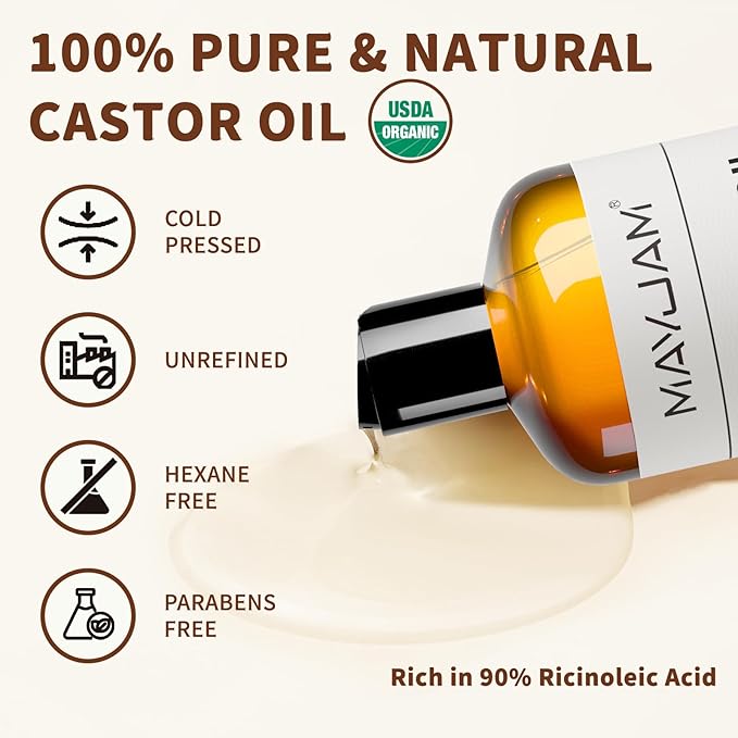 MAYJAM Organic Castor Oil 16 oz, 100% Pure Cold Pressed Castor Oils for Hair Growth, Eyebrows, Eyelash, USDA Certified Caster Carrier Oil for Body, Skin & Face Moisturizer - Bloomnest