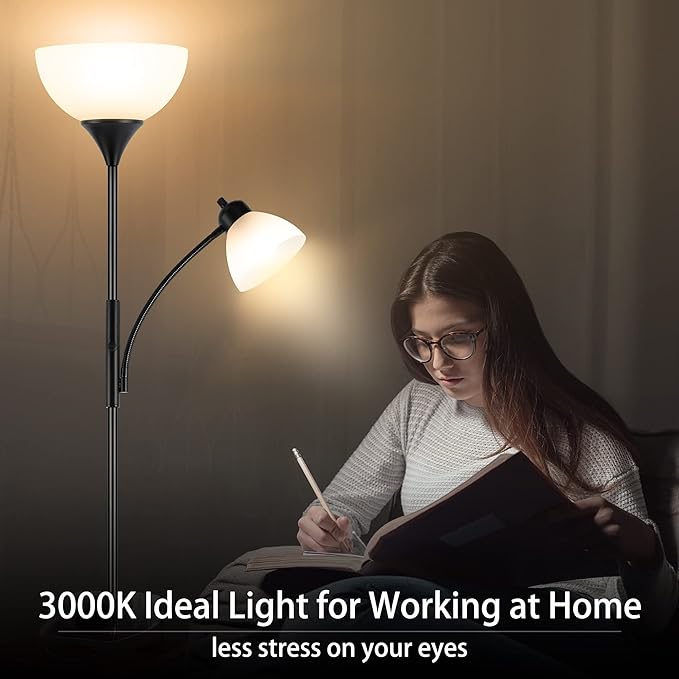 Floor Lamp, Dimmable Standing lamp, Stepless Dimming Brightness, Included 9W and 5W LED Bulbs, Industrial Floor Lamp for Living Room, Bedroom, Office, Reading - Bloomnest