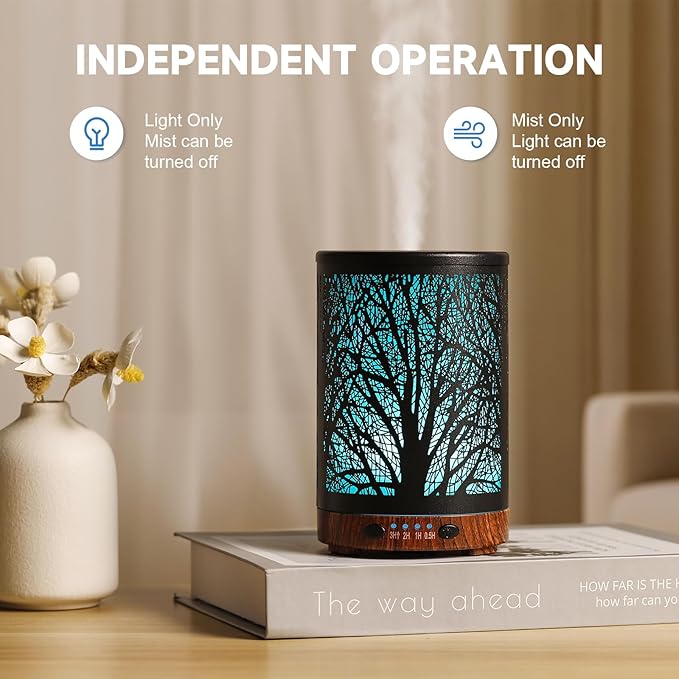 Essential Oil Diffuser 120ML Metal Aromatherapy Diffuser with Timer, Cool Mist Humidifier with Auto Shut-Off & 7 Color Lights for Home Office Spa (Tree) - Bloomnest