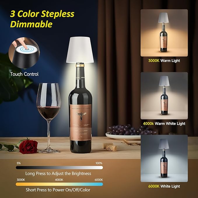 2025 New Bottle Lamp - LED Bottle Lights for Liquor & Wine Bottles, Cordless Lampshade, Whiskey Bottle Top Light, Bottle Stopper Night Light Kit, Black + White Two-Piece Set - Bloomnest