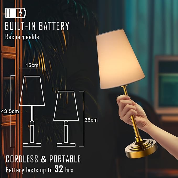 Portable Cordless Table Lamp, Built in Rechargeable Battery, 2700-6000k Color Temperature, Fully Dimmable, Scalable, Ambient Light for Patio, Restaurant, Bar, Bedroom, Dining (Gold) - Bloomnest