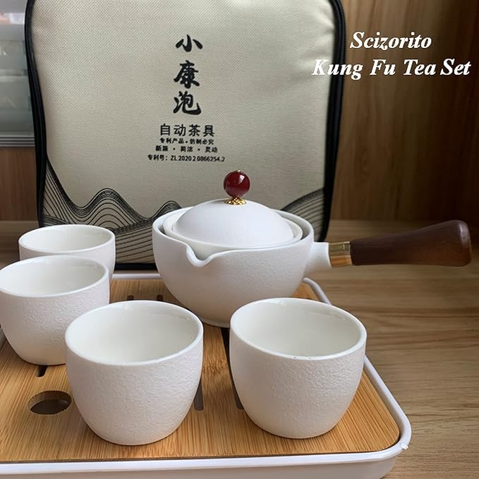 Ceramic Portable Travel Tea Set, Chinese Kungfu Tea Set with 360 Rotation Teapot and Infuser, 4 Tea Cups, Tea Tray And Travel Bag (Pure White)