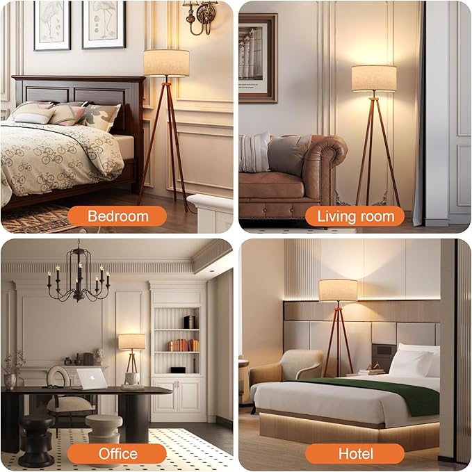 LiteHistory Wood Tripod Floor Lamps for Living Room, Bedroom, and Office,Standing lamp with Beige Linen Shade, 12W Three-Color Bulb Included, Pull Chain Switch, Tall lamp for Mothers Day Gifts, Brown - Bloomnest