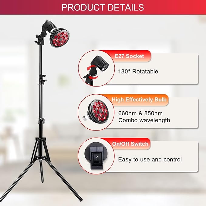 Wolezek LED Red Light Lamp with Stand, Adjustable Tripod 15"-61", 18 LEDs 660nm & 850nm Combo, E26 Standard Socket, Aluminium Shell, Black WOLEZEKLED