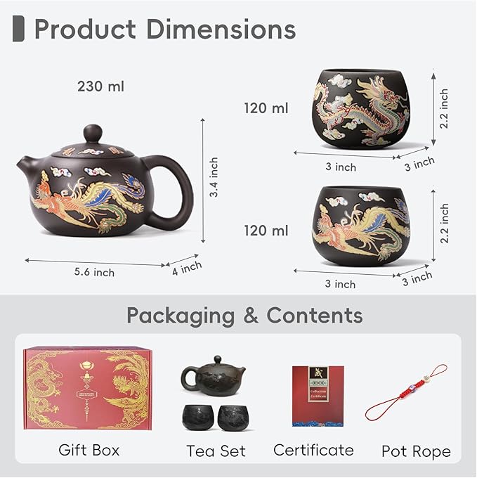 Hand-made Dragon and Phoenix Color-changing Purple Clay Teapot Zisha Tea Pot Kung Fu Tea Set Tea Lover‘s Gift (Teapot+2*Cups) - Bloomnest