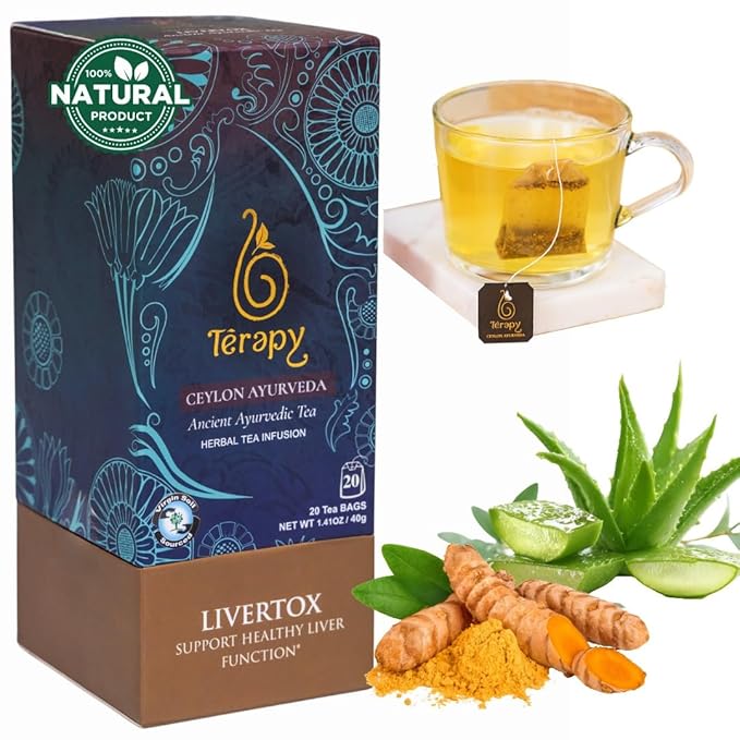 Térapy Ceylon LIVERTOX Organic Herbal Tea Bags | Helps with Liver Kidney Cleanse Detox & Repair | 100% Natural Ayurvedic Ingredients including Turmeric, Aloe Vera and Lemongrass | 20 Individually Wrapped Tea Bags - Bloomnest
