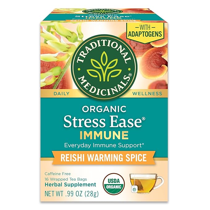 Traditional Medicinals Organic, Stress Ease Immune with Adaptogens, Reishi Warming Spice - Immune Support with Astragalus - Kosher, Non-GMO, Caffeine-Free, Compostable - 16 Tea Bags - Bloomnest