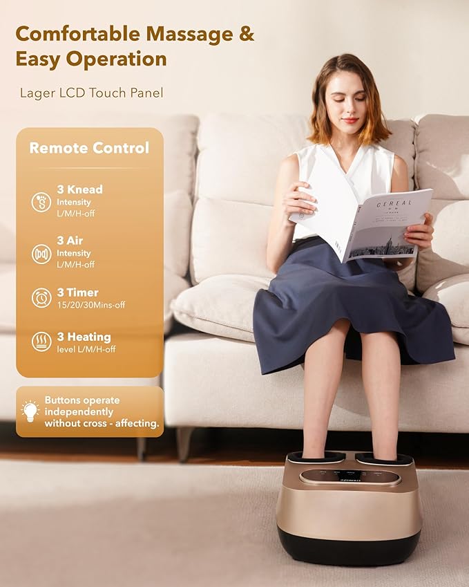 KNQZE Foot Massager with Heat and Remote, Shiatsu Deep Kneading Feet Massager for Plantar Fasciitis & Neuropathy, Foot Warmer, Gifts for Mom Women Men Dad, Fits Up to Men Size 12(Gold) - Bloomnest