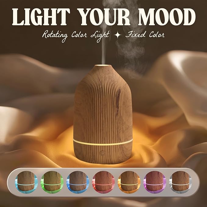 Essential Oil Diffuser, 100ml Aromatherapy Diffuser, Mini Ultrasonic Diffuser for Essential Oil, Home, Office, Cool Mist Humidifier with 7 Led Light, Auto Shut-Off, Wood Grain - Bloomnest