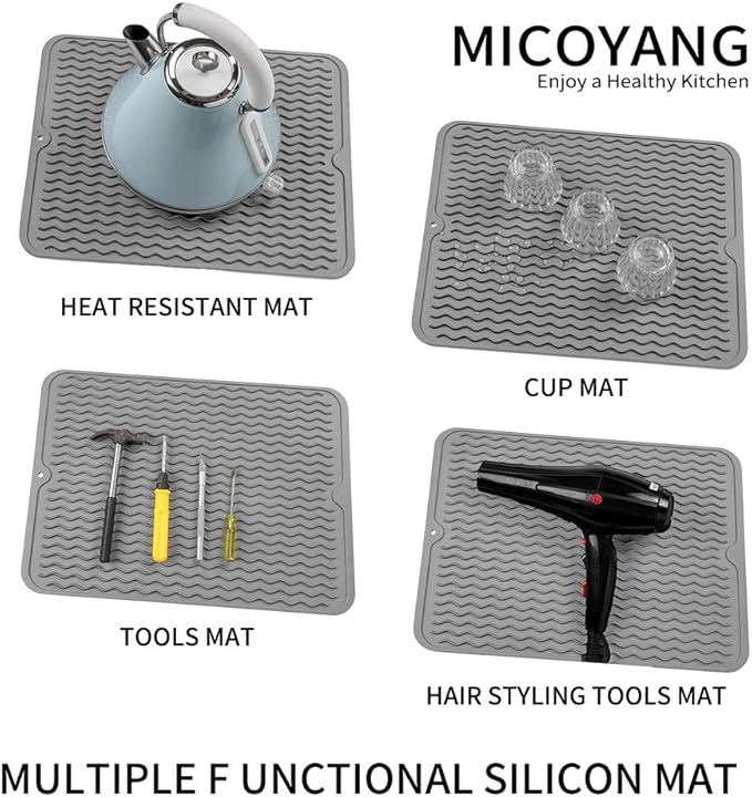 Silicone Dish Drying Mat for Multiple Usage,Easy clean,Eco-friendly,Heat-resistant Silicone Mat for Kitchen Counter or Sink,Refrigerator or drawer liner Grey L 16 inches x 12 inches - Bloomnest