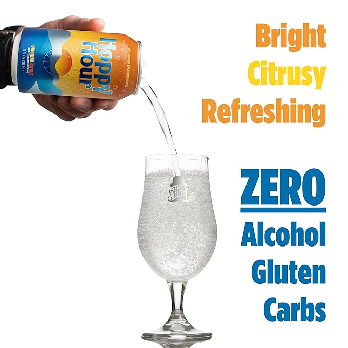Hoppy Hour Sparkling Hop Water, Non-Alcoholic and Adaptogens Drink, Zero Sugar and Calories, Refreshing Original Citrus Flavor, 12 oz Cans (12-Pack) - Bloomnest