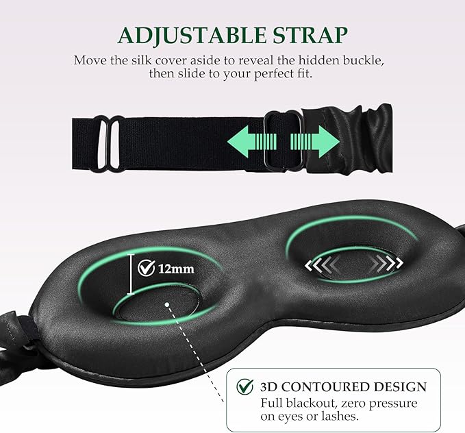 100% Mulberry Silk Sleep Mask for Unisex, 22 Momme 3D Silk Contoured Eye Mask, Breathable Light Blocking Blindfold with Adjustable Strap, Blackout Eye Cover for Travel, Black - Bloomnest