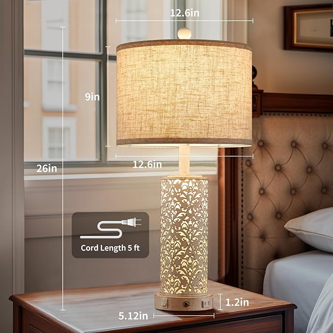 26" Farmhouse Table Lamp Dual Light, 3-Way Dimmable Touch Lamps, Rustic Nightstand Bedside Lamps with 2 USB Ports + AC Outlet, Modern Nightlight for Living Room Bedroom and Nightstand - Bloomnest