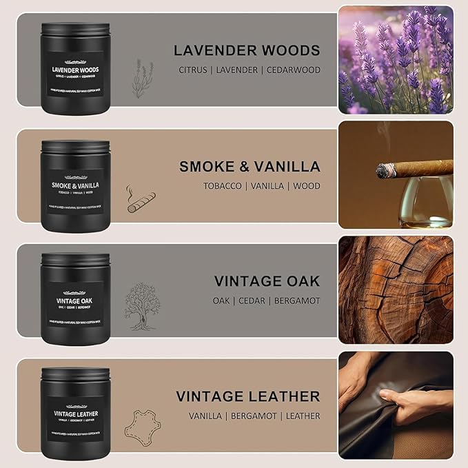 Scented Candle Set, Men Candle Set, Scented Candles for Home, Gifts for Men, 4 Pack Manly Christmas Candles Gifts for Mens Scents of Smoke Vanilla/Leather/Oak/Lavender Wood - Bloomnest