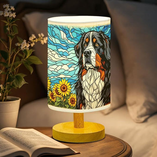 Bernese Mountain Table Lamp LED 3-Color Pressed Bedside, Dog Shade Lamp with Wood Base for Bedroom Living Room Desk Office - Bloomnest