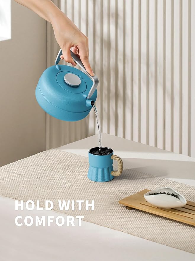 Toptier Teapot with Removable Infuser, Cast Iron Tea Kettle Stovetop Safe, Solid Geometry Cylinder Design Tea Pot Coated with Enameled Interior for 27 Ounce (800 ml), Blue - Bloomnest