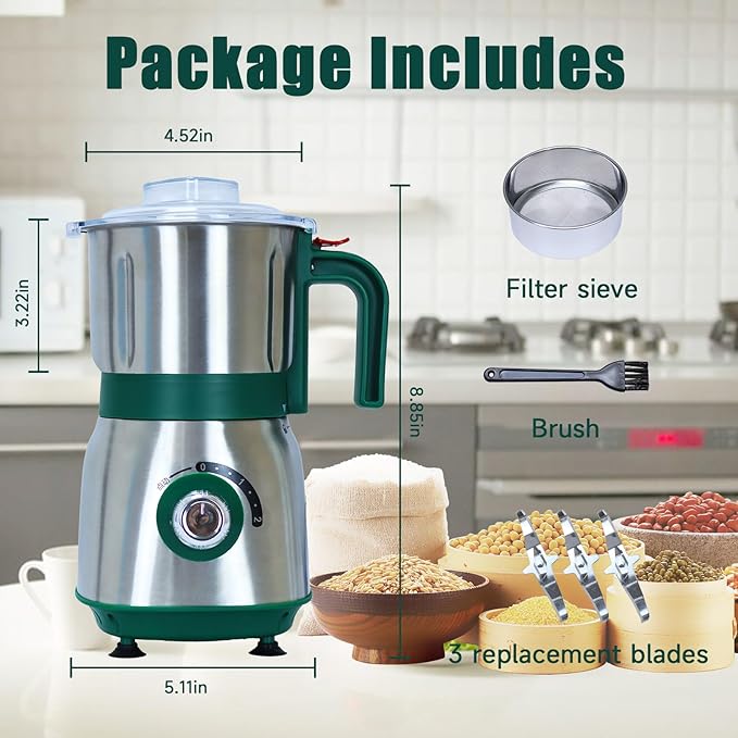 Grinder for Kitchen, Spice Grinder Electric Dry Comes With 3 Removable Stainless Steel Blades, 500w Suitable For Grinding Spices, Herbs, Coffee Beans, Grains, Nuts (Green) - Bloomnest