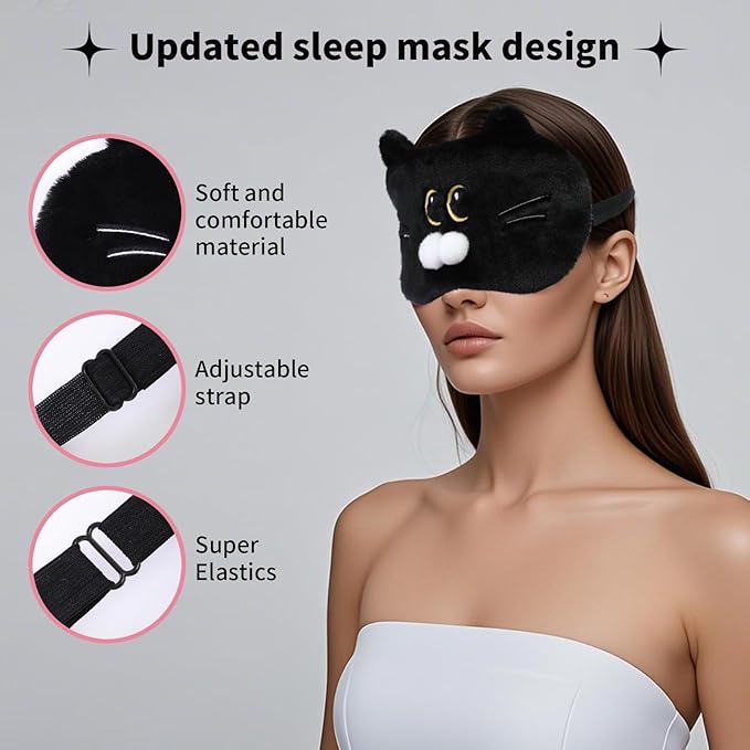 Cute Sleep Eye Masks for Kids, Kawaii Cartoon Kids Sleeping Mask for Women Boys Girls Teens, Soft Plush Adjustable Eyeshade Silk Travel Nap Eye Cover, Black Cat - Bloomnest