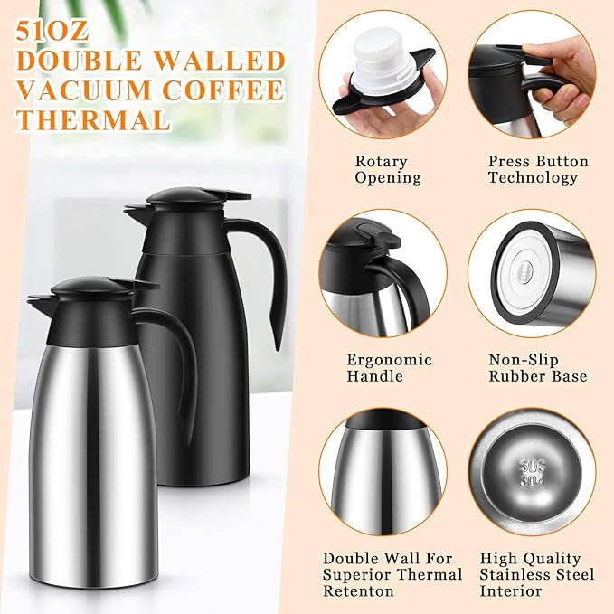 Norme 2 Pcs Thermal Coffee Carafe Insulated Stainless Steel Coffee Carafe for Hot Liquid Vacuum Thermal Pot Creamer Pitcher Dispenser with Brushes Keeping Hot Water Milk(Black, Silver,68 oz) - Bloomnest