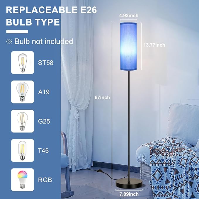 FRIDEKO HOME Floor Lamp with Blue Shade, Simple Design with Foot Pedal Switch, Small Tall Lamps for Living Room Bedroom Office, Corner Floor Stand Light with Black Pole Lamp (No Bulb/No Remote) - Bloomnest