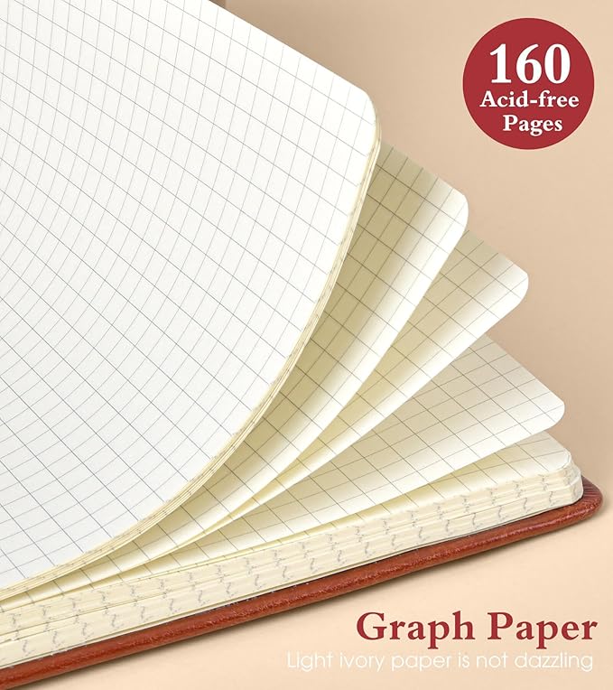 Graph Notebook for Women Men, 160 Pages Grid Paper, Graphing Notebooks for School, Work, Quad Ruled, Inner Pocket, A5 Hardcover Vintage Leather Journals for Writing, 5.8"x8.5" (Brown) - Bloomnest