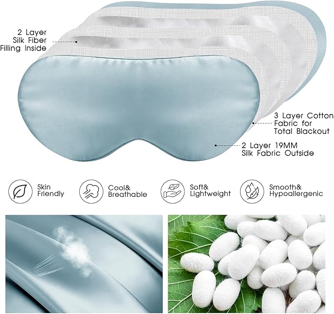Mulberry Silk Blackout Adjustable Sleep Eye Mask for Men/Women Travel Plane,Pale Blue - Bloomnest