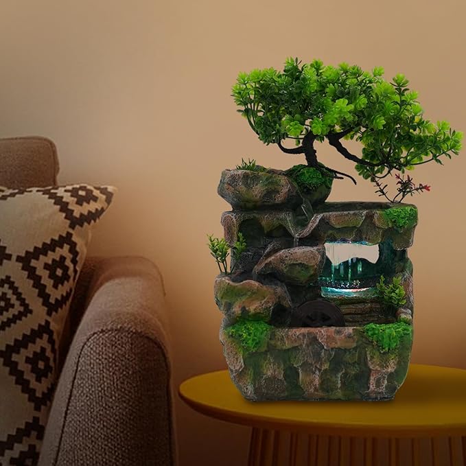 Gdrasuya10 Indoor Water Fountains, Waterfountain Indoors Rockery Fountain Goldfish Waterfall Desktop LED Decorat Tabletop Rockery, Small Waterfall for Home Office Bedroom Relaxation US Plug