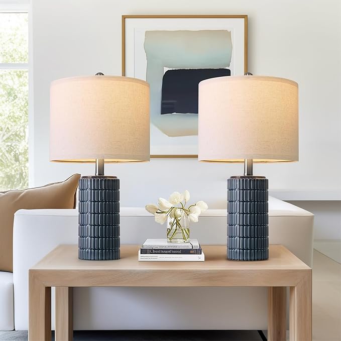 PoKat 20.75" Small Blue Table Lamps, Farmhouse Bedside Lamps for Bedroom Set of 2, Ceramic End Table Lamps for Night Stands Living Room, Modern Nightstand Desk Lamps, Dark Blue - Bloomnest