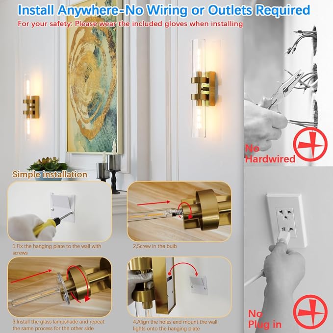 Rechargeable Wall Sconces Set of Two with Remote, Gold Battery Operated Wall Sconce with Clear Glass, Sconces Wall Decor Set of 2 Wall Light Fixtures for Bedroom Bathroom Mirror Living Room - Bloomnest