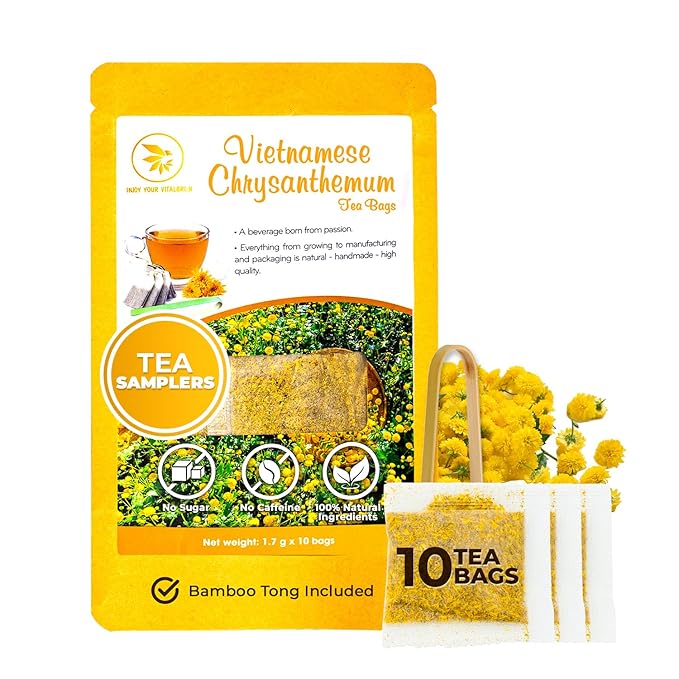 Vietnamese Chrysanthemum Tea Samplers - 10 Count + Bamboo Tong, No Sugar Added, No Caffeine, Re-Steep Chrysanthemum Floral Scent Herbal Tea for Detox, Refreshing, Relax - Bloomnest
