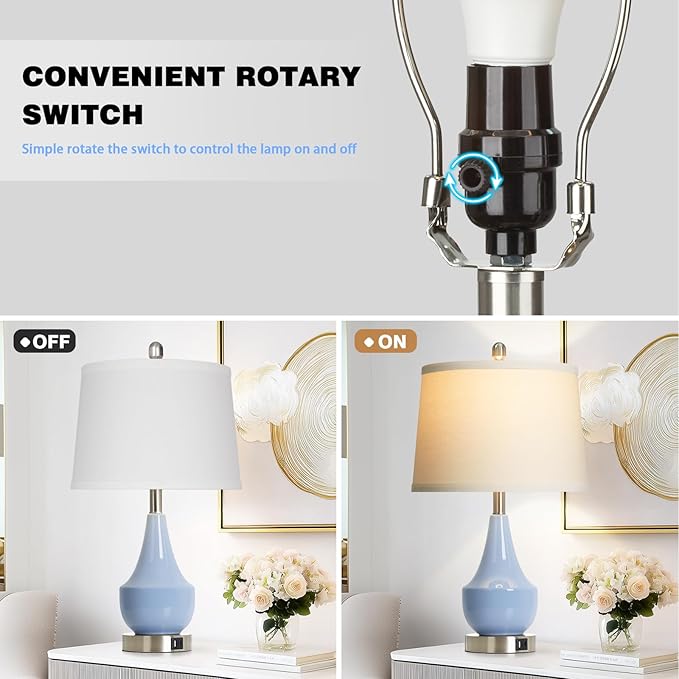 Modern Blue Table Lamp Set of 2, 24" Ceramic Table Lamp with USB A+C Ports,Classic Beside Lamps Nightstand Lamp Modern Lamp for Living Room, Bedroom & Office -LED Bulbs Included - Bloomnest