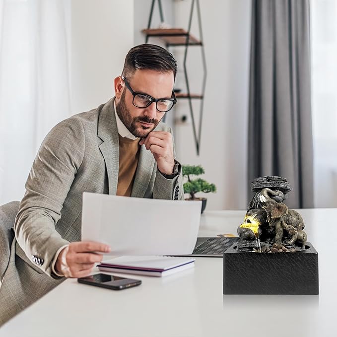 BEAMNOVA Tabletop Fountain,3 Tiered Elephant & Baby Elephant Indoor Fountains,with LED Light Water Feature for Home Office Décor