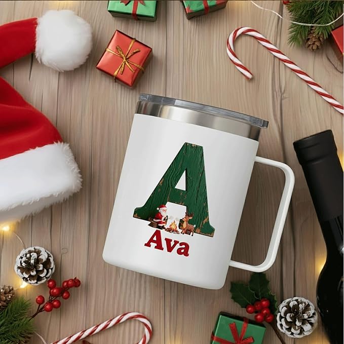 Personalized Christmas Insulated Coffee Mug with Handle – Custom Rustic Initial Letter [A] Double Wall Stainless Steel Travel Tumbler for Drinks – Unique Holiday Gift for Men, Women, & Kids(B116) - Bloomnest