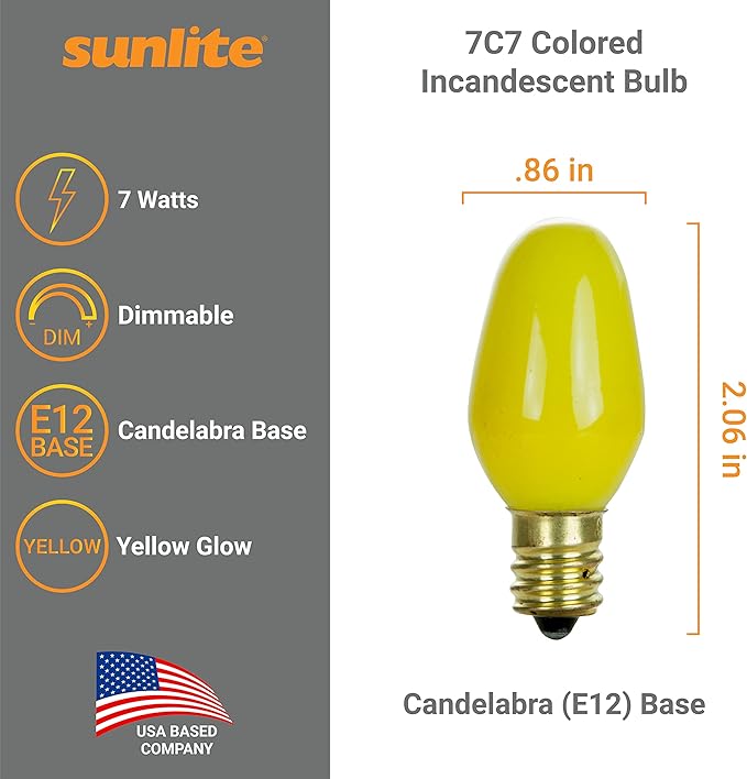Sunlite 01061 7C7 Incandescent Bulb, 7 Watt, Candelabra E12 Base, C7 Small Night Light, Colored Bulb, Yellow, 12 Count - Bloomnest