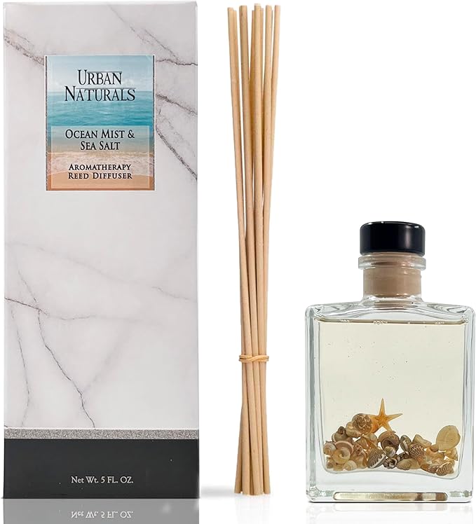 Urban Naturals Ocean Mist & Sea Salt Reed Diffuser Set – Made with Essential Oils & Real Botanicals – Sleek Rectangular Refillable Glass Bottle – Made in the USA UrbanNaturals