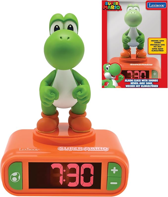LEXiBOOK, Super Mario, Yoshi Nightlight Alarm Clock, Sounds and Melodies, LCD Backlit Screen, Luminous, Snooze, Red/Green, RL800NI1 - Bloomnest