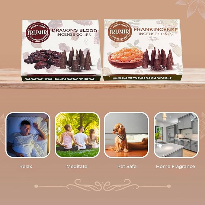 TRUMIRI Incense Cones Combo Pack - 20 Cone Incense - 10 Dragons Blood + 10 Frankincense TRUMIRI