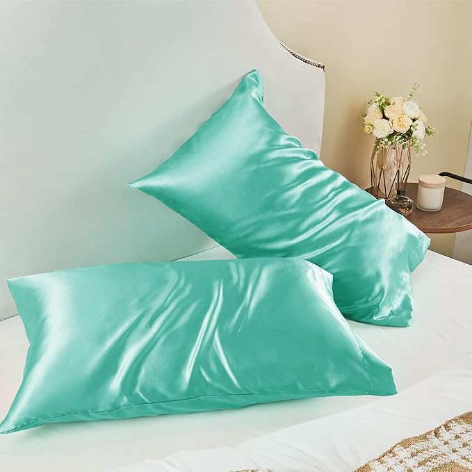 BEDELITE Satin Pillowcase for Hair and Skin, Super Soft and Cooling Similar to Silk Pillow Cases 2 Pack with Envelope Closure, Gift for Women Men(20"x26" Standard Size, Turquoise) - Bloomnest