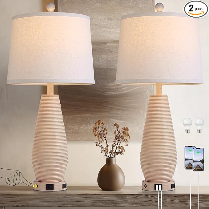 Farmhouse Table Lamps Set of 2 with USB C+A Ports and AC Outlet, 3 Way Touch Rustic Bedside Lamps for Living Room, 26.5" Cream Vintage Lamps for Bedroom Nightstand - Bloomnest