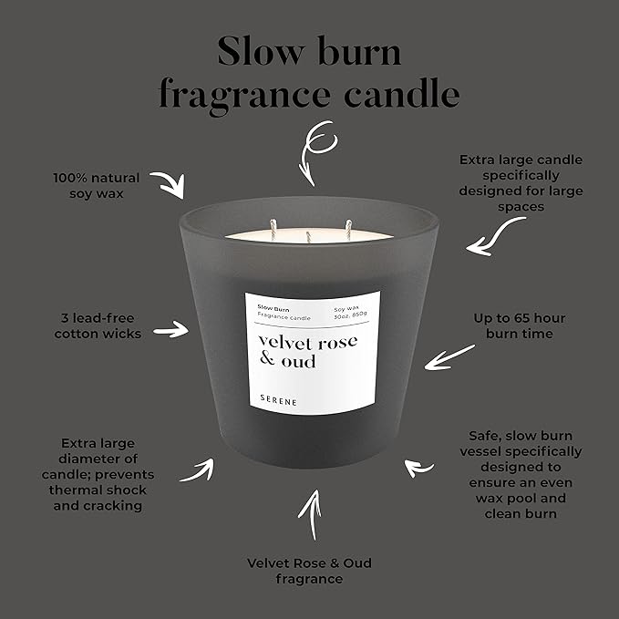 Hidden Label Large Scented Candle, Velvet Rose & Oud, 30oz 3 Wick Huge Candle, Serene Collection Slow Burn Natural Soy Candles for Home Scented - Bloomnest