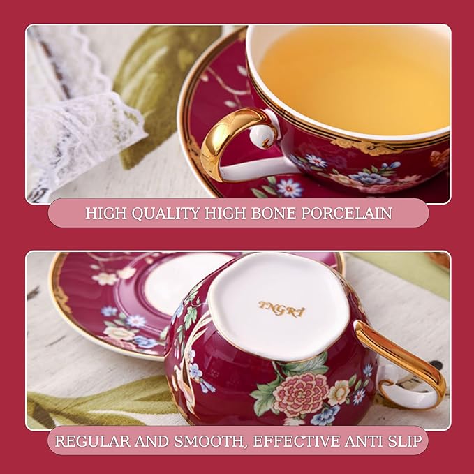ACMLIFE Bone China Tea Set For One Teapot And Cup Set, Vintage Floral Tea Cup Set With Teapot and Saucer Set 12 Oz Bone China Teapot For One Set Red And White Gift Giving For Women (Fuchsia) - Bloomnest