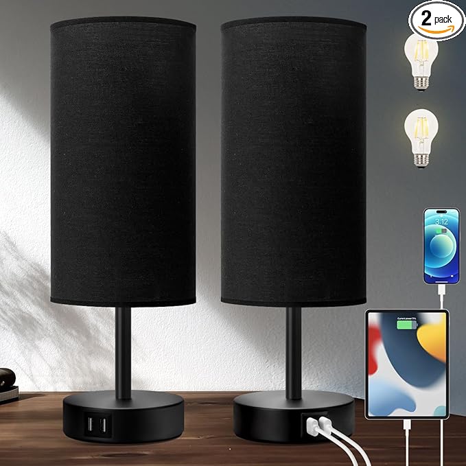 Yarra-Decor Bedside Lamps with USB Port - Touch Control Table Lamp for Bedroom 3 Way Dimmable Nightstand Lamp Set of 2 with Round Black Fabric Shade for Living Room, Dorm, Home Office (Black, 2 Pack) - Bloomnest