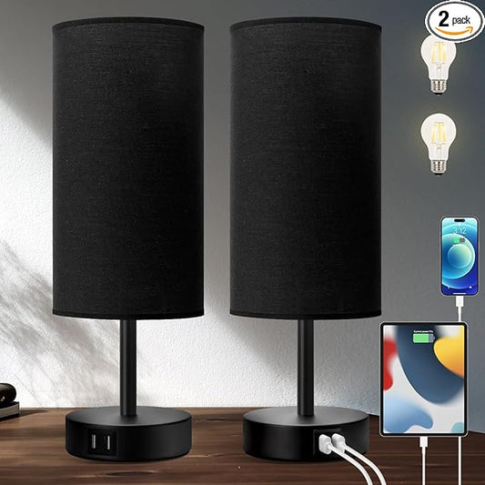 Yarra-Decor Bedside Lamps with USB Port - Touch Control Table Lamp for Bedroom 3 Way Dimmable Nightstand Lamp Set of 2 with Round Black Fabric Shade for Living Room, Dorm, Home Office (Black, 2 Pack) - Bloomnest