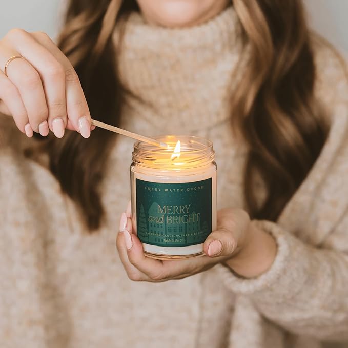 Sweet Water Decor Merry and Bright Christmas Scented Candles - Christmas Stocking Stuffers Soy Candles with Nutmeg Scent - Christmas Candles with 40 Hours Burn Time - 9Oz Gold Lid Clear Jar Candles - Bloomnest