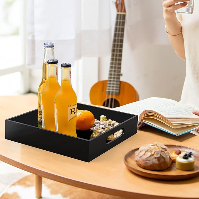 Home Decorative Coffee Table Tray, 10"x10" Elegant Acrylic Serving Trays with Handles Works for Eating, Breakfast, Makeup Drawer Organizer,Bathroom Vanity Table,Ottoman Tray, Black - Bloomnest